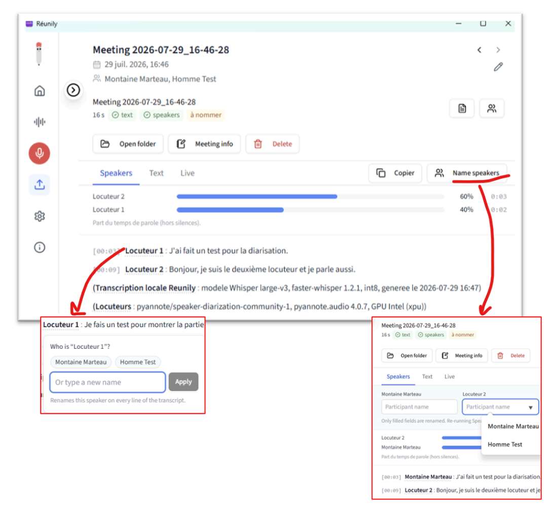 Diarisation et attribution des locuteurs soit quand je clique directement dans le texte ou avec l'option Name speaker