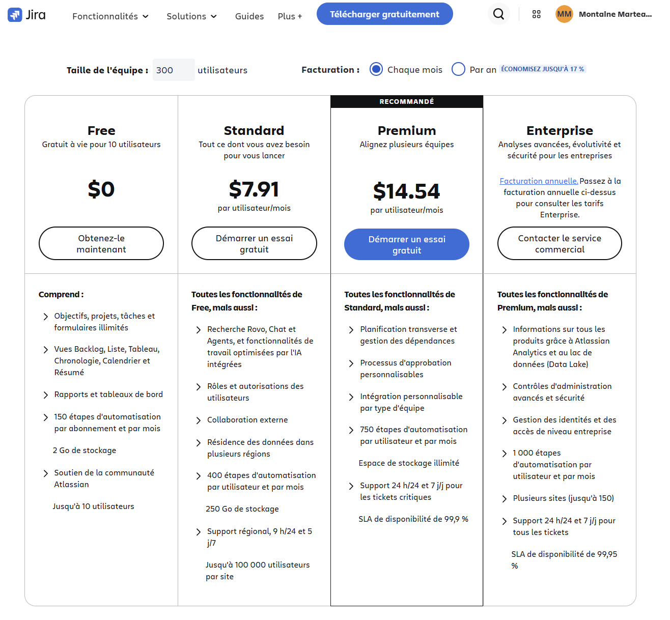 Page des tarifs Jira : Free, Standard 7,91 $, Premium 14,54 $, Enterprise